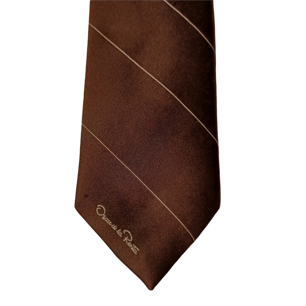 OSCAR DE LA RENTA Chocolate Brown Cream Stripe Print Men's Tie